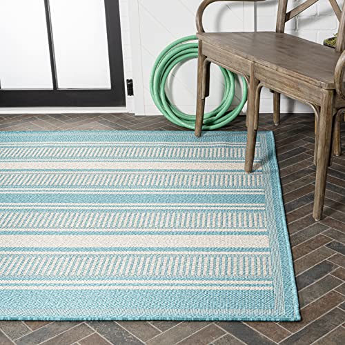 JONATHAN Y SMB202A-4 Haynes Modern Double Stripe Indoor Outdoor Farmhouse Transitional Area Rug,High Traffic,Kitchen,Living Room,Backyard,Non Shedding,4 X 6,Aqua/Beige