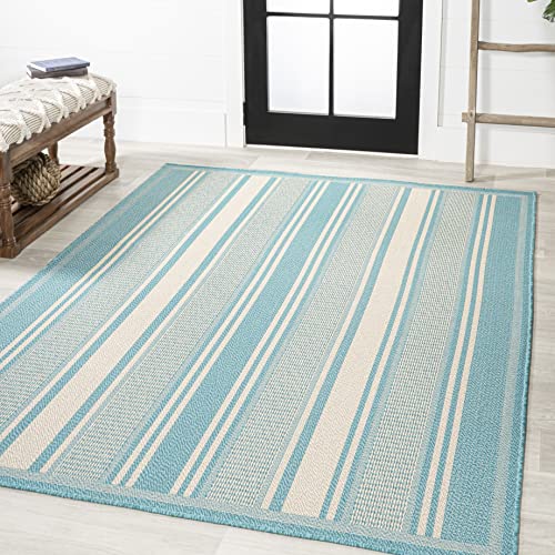 JONATHAN Y SMB202A-4 Haynes Modern Double Stripe Indoor Outdoor Farmhouse Transitional Area Rug,High Traffic,Kitchen,Living Room,Backyard,Non Shedding,4 X 6,Aqua/Beige