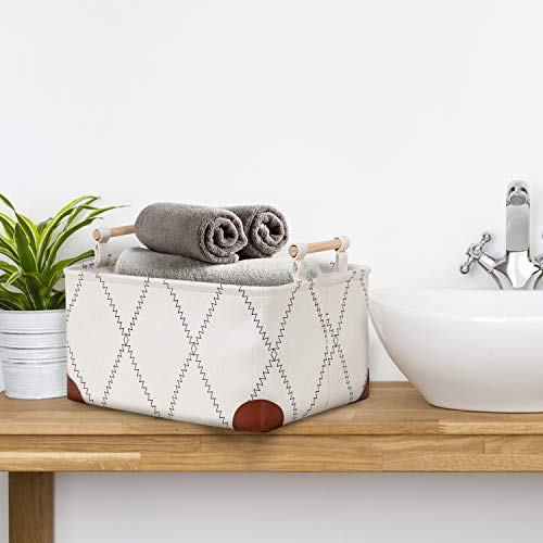 Fabric Storage Basket Bins for Shelves with Wood Handle, 15.7x11.8x8.3"Canvas Toy Storage Basket for Closet, Decorative Floor Storage Basket for Home Office Organizing, Linen Closet Organizer