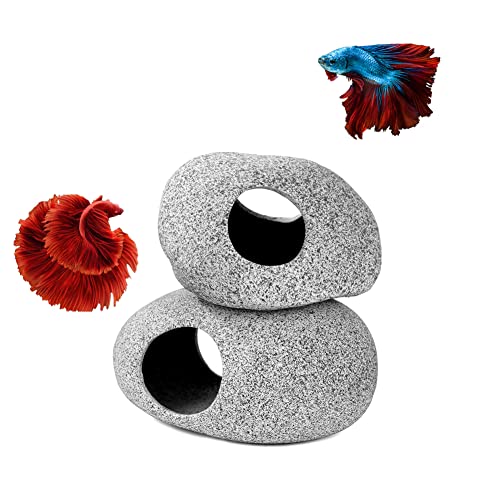 Aquazoo Aquarium Decoration Rock Caves, Hideaway for Shrimp Cichlid Hiding Breeding Spawning, Professional Hideout Decor for Territorial Fish (2 Pieces Set)