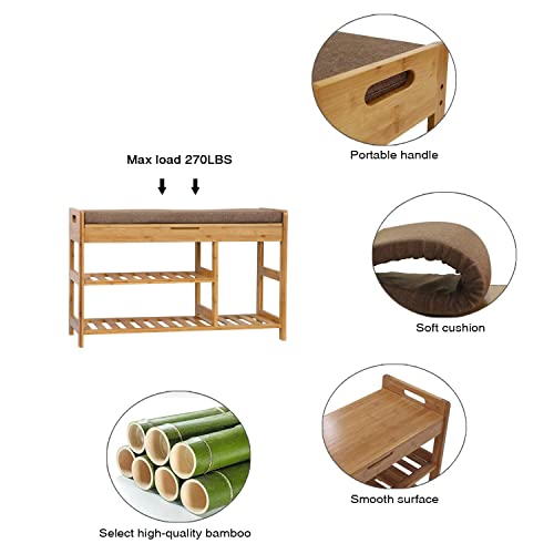 C&AHOME Shoe Bench Bamboo, 3-Tier Shoe Organizer with Cushion, Shoe Rack Bench for Entryway, Max Load 270 LBS, Removable Seat Cushion Bench, Ideal for Entryway, Hallway, Living Room, Bedroom, Natural