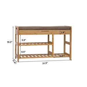 C&AHOME Shoe Bench Bamboo, 3-Tier Shoe Organizer with Cushion, Shoe Rack Bench for Entryway, Max Load 270 LBS, Removable Seat Cushion Bench, Ideal for Entryway, Hallway, Living Room, Bedroom, Natural