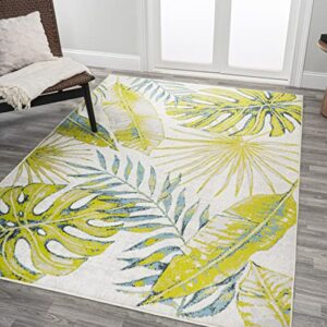 jonathan y lux100a-4 monstera tropical leaves indoor -area rug, coastal, floral, bohemian easy-cleaning,bedroom,kitchen,living room,non shedding, ivory/green, 4 x 6