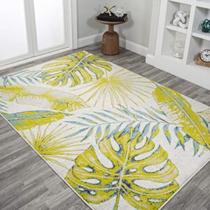 JONATHAN Y LUX100A-4 Monstera Tropical Leaves Indoor -Area Rug, Coastal, Floral, Bohemian Easy-Cleaning,Bedroom,Kitchen,Living Room,Non Shedding, Ivory/Green, 4 X 6