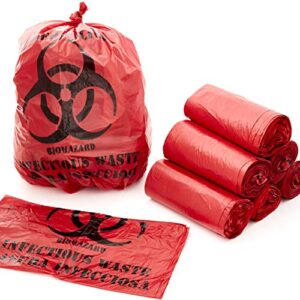 no leak, hospital grade biohazard waste bags 150 pk. 10 gallon, 24" red trash liner with hazard symbol for infectious waste disposal. best small lab can liners for labeling biohazardous trash safely