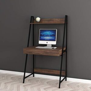 2-tier home office computer laptop desk with drawer , nutmeg brown finish black frame