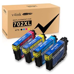 v4ink remanufactured ink cartridge replacement for epson 702xl 702 t702xl t702 to use with workforce pro wf-3720 wf-3733 wf-3730 printer, 4 pack