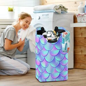 Ollabaky Large Foldable Laundry Hamper Bag with Handles, Mermaid Blue Scales Laundry Basket Box Big Storage Organizer for Family, Dormitory, Washhouse