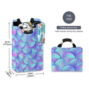 Ollabaky Large Foldable Laundry Hamper Bag with Handles, Mermaid Blue Scales Laundry Basket Box Big Storage Organizer for Family, Dormitory, Washhouse