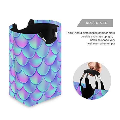 Ollabaky Large Foldable Laundry Hamper Bag with Handles, Mermaid Blue Scales Laundry Basket Box Big Storage Organizer for Family, Dormitory, Washhouse