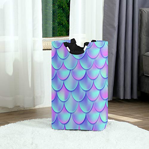 Ollabaky Large Foldable Laundry Hamper Bag with Handles, Mermaid Blue Scales Laundry Basket Box Big Storage Organizer for Family, Dormitory, Washhouse