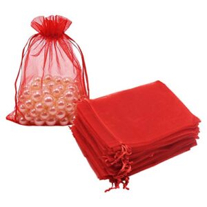 hrx package organza bags red 100pcs, 5 x 7 inches christmas gift drawstring bags mesh jewelry pouches for wedding party favors