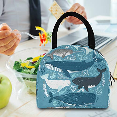 senya Lunch Bag, Sea Animal Whale Coral Blue Insulated Lunch Box Cooler Bag Tote Bag for Women Kids/Picnic/School/Work