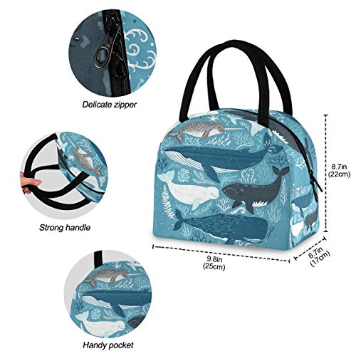 senya Lunch Bag, Sea Animal Whale Coral Blue Insulated Lunch Box Cooler Bag Tote Bag for Women Kids/Picnic/School/Work