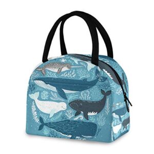 senya Lunch Bag, Sea Animal Whale Coral Blue Insulated Lunch Box Cooler Bag Tote Bag for Women Kids/Picnic/School/Work