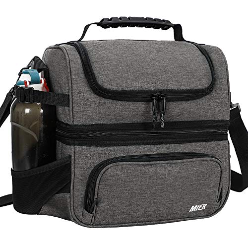 MIER Dual Compartment Lunch Bag Tote with Shoulder Strap for Men and Women Insulated Leakproof Cooler Bag, Grey