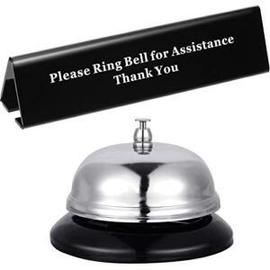 boao desk service dinner bell metal construction call bell and double side no receptionist sign please ring bell sign for service assistance for hotel school restaurant reception area (sliver bell)
