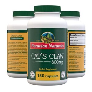 peruvian naturals cat's claw 150 capsules – uña de gato 800 milligrams of vegan, 100% natural cats claw bark grown in peru | corteza una de gato