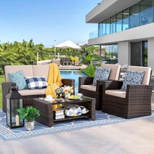 shintenchi outdoor patio furniture 4 piece set, wicker rattan sectional sofa couch with glass coffee table | brown