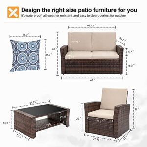 Shintenchi Outdoor Patio Furniture 4 Piece Set, Wicker Rattan Sectional Sofa Couch with Glass Coffee Table | Brown