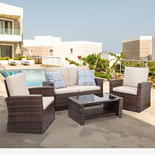 Shintenchi Outdoor Patio Furniture 4 Piece Set, Wicker Rattan Sectional Sofa Couch with Glass Coffee Table | Brown