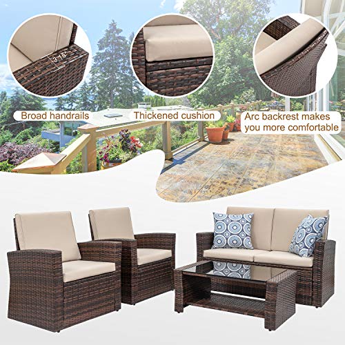 Shintenchi Outdoor Patio Furniture 4 Piece Set, Wicker Rattan Sectional Sofa Couch with Glass Coffee Table | Brown