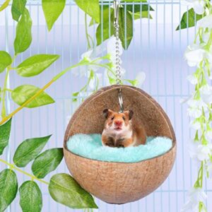 POPETPOP Hanging Hamster House Bed - Warm Small Animal Nest Coconut Shell Sleeping Bed with Cushion, Rat Hamster Hammock Small Animals Cage Nest Accessories