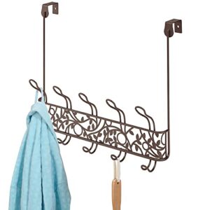 mdesign decorative metal over door 10 hook storage organizer rack - to hang coats, jackets, hoodies, hats, scarves, purses, leashes, bath towels, robes, men's and women's clothing - bronze