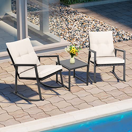 Shintenchi 3 Pieces Rocking Bistro Set Wicker Patio Outdoor Furniture Porch Chairs of 2 Outdoor Furniture Rattan Chair Conversation Sets with Glass Coffee Table (Beige)