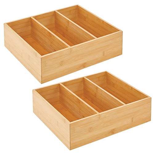 mDesign Bamboo Kitchen Pantry Organizer Bin Box, 3 Sections - Wooden Stackable Basket Crates for Food, Produce, Vegetable Storage - Use on Shelves or in Closet, Echo Collection, 2 Pack - Natural/Tan