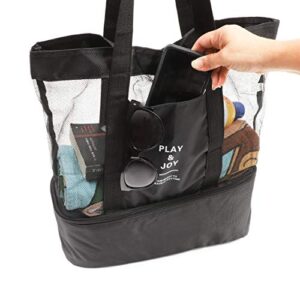 Zodaca Black Mesh Beach Tote with Cooler, Play & Joy Insulated Lake Bag (17 x 16 x 5 in)