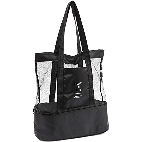 Zodaca Black Mesh Beach Tote with Cooler, Play & Joy Insulated Lake Bag (17 x 16 x 5 in)