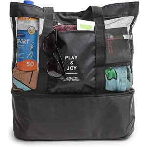 Zodaca Black Mesh Beach Tote with Cooler, Play & Joy Insulated Lake Bag (17 x 16 x 5 in)