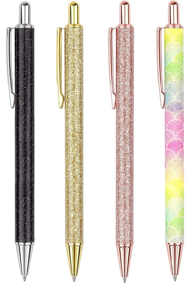 4pcs Glitter Metal Retractable Ballpoint Pen Bling Rose Gold Click Ballpoint Pens Black Ink Medium Point 1mm for School Writing,Wedding Birthday Gift Pen