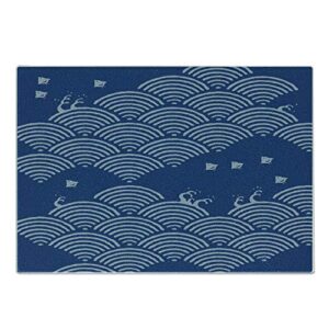 lunarable sea cutting board, japanese seigaiha waves inspired abstract traditional vintage print, decorative tempered glass cutting and serving board, small size, sky blue blue grey