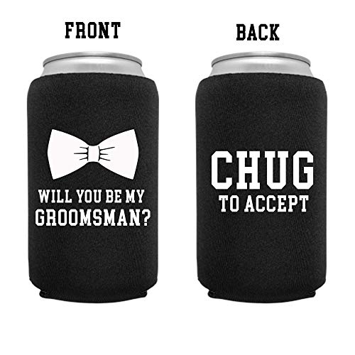 Cool Coast Products - Wedding Coolies | Groomsman Best Man Chug to Accept Black | 6 Pack | Funny Novelty Neoprene Hugger | Beer Holder | Bachelor Gifts | Quality Can Cooler (6 Pack)