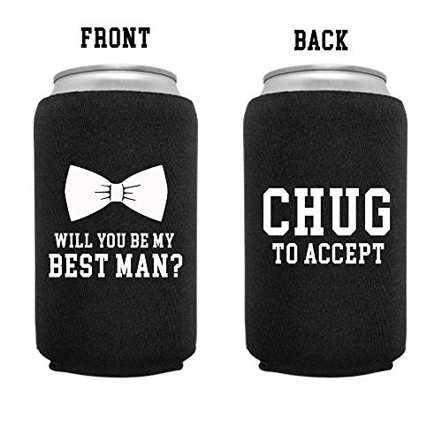 Cool Coast Products - Wedding Coolies | Groomsman Best Man Chug to Accept Black | 6 Pack | Funny Novelty Neoprene Hugger | Beer Holder | Bachelor Gifts | Quality Can Cooler (6 Pack)