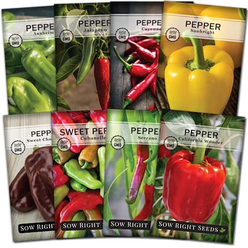 Sow Right Seeds - Hot & Sweet Pepper Seed Collection for Planting - Sunbright, Chocolate, Cayenne, California Wonder, Jalapeno, Anaheim, Cubanelle and Serrano - Non-GMO Heirloom Seeds to Plant