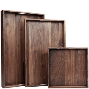 magigo set of 3 large solid black walnut wood ottoman tray with handles, serve tea, coffee or breakfast in bed, classic wooden decorative serving tray, l+m+s