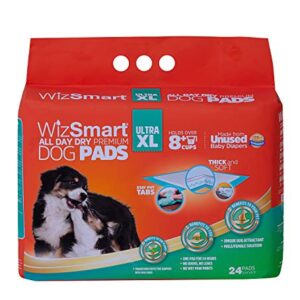 WizSmart Heavyweight Ultra Extra Large 10+ Cup Earth-Friendly & All-Day Dry Premium Dog and Puppy Potty Training Pads, Quick Drying, Absorbent, Odor-Free, Stay Put Tabs, 10+ Cup XL (24 Count)