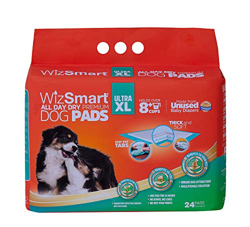 WizSmart Heavyweight Ultra Extra Large 10+ Cup Earth-Friendly & All-Day Dry Premium Dog and Puppy Potty Training Pads, Quick Drying, Absorbent, Odor-Free, Stay Put Tabs, 10+ Cup XL (24 Count)