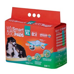 WizSmart Heavyweight Ultra Extra Large 10+ Cup Earth-Friendly & All-Day Dry Premium Dog and Puppy Potty Training Pads, Quick Drying, Absorbent, Odor-Free, Stay Put Tabs, 10+ Cup XL (24 Count)