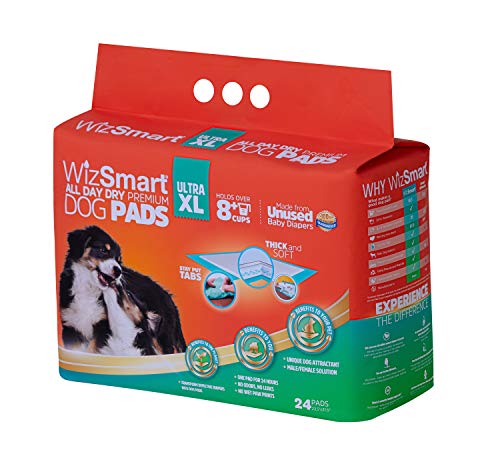 WizSmart Heavyweight Ultra Extra Large 10+ Cup Earth-Friendly & All-Day Dry Premium Dog and Puppy Potty Training Pads, Quick Drying, Absorbent, Odor-Free, Stay Put Tabs, 10+ Cup XL (24 Count)