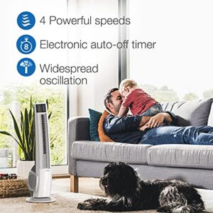 Lasko Oscillating Tower Fan, Remote Control, Timer, 4 Quiet Speeds, for Bedroom, Home Office and Kitchen, 38", White, T38400