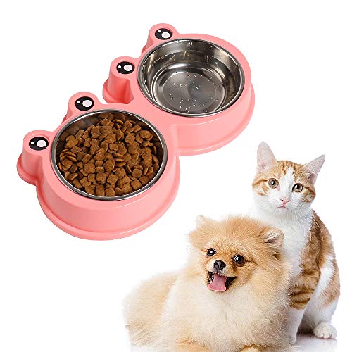 Double Dog Cat Bowls Premium Stainless Steel Pet Bowls with No-Slip Stainless Steel Cute Modeling Pet Food Water for Feeder Dogs Cats Rabbit and Pets