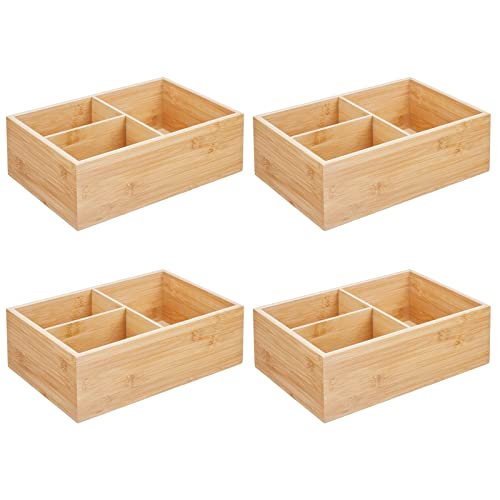 mDesign Bamboo Kitchen Pantry Cabinet Organizer Storage Box, 3 Divided Sections, Holds Plastic and Glassware Lids for Leftovers, Snacks, Condiments, and Sauce, Echo Collection, 4 Pack, Natural/Tan