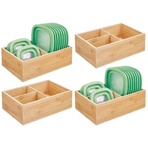mdesign bamboo kitchen pantry cabinet organizer storage box, 3 divided sections, holds plastic and glassware lids for leftovers, snacks, condiments, and sauce, echo collection, 4 pack, natural/tan
