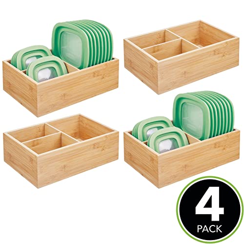 mDesign Bamboo Kitchen Pantry Cabinet Organizer Storage Box, 3 Divided Sections, Holds Plastic and Glassware Lids for Leftovers, Snacks, Condiments, and Sauce, Echo Collection, 4 Pack, Natural/Tan