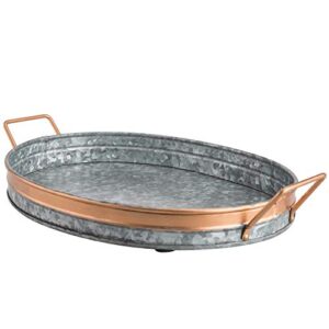 mygift rustic galvanized metal decorative tray with copper tone rim and handles, 16 inch oval serving tray - handcrafted in india