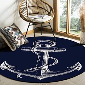 Round Area Rugs 4 ft Nautical Anchor Navy Blue Floor Carpets Indoors/Outdoor Living Room/Bedroom/Children Playroom/Kitchen Mats Non Slip Yoga Carpets